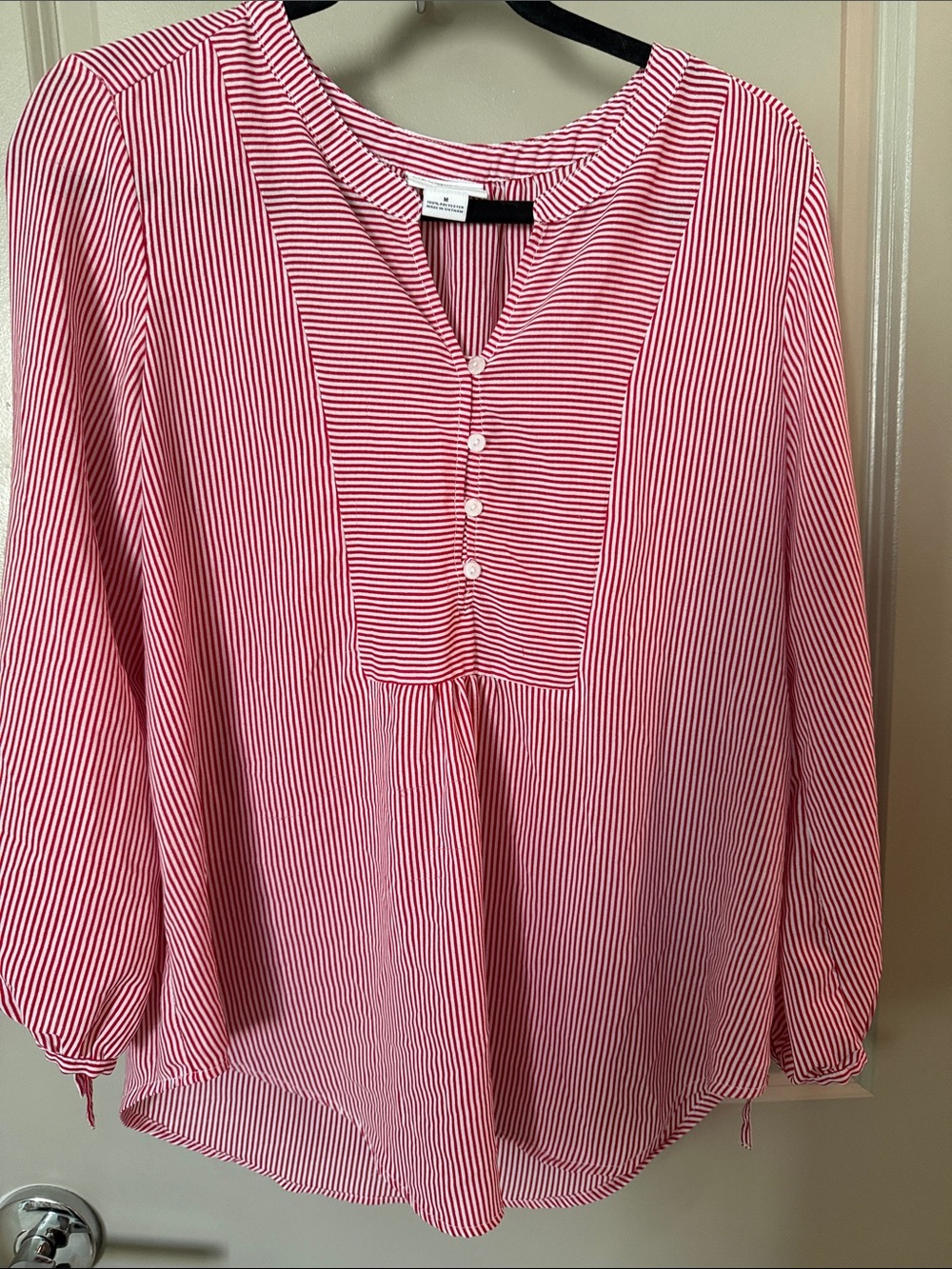 Liz Claiborne Red and White Striped Button-Pleat Blouse m